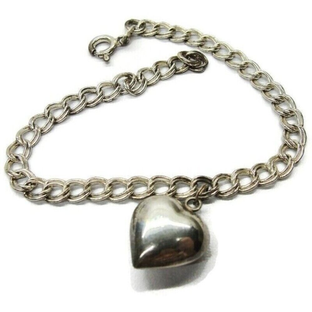 925 Sterling Silver Circle Link Bracelet Puffed Heart Italy SU